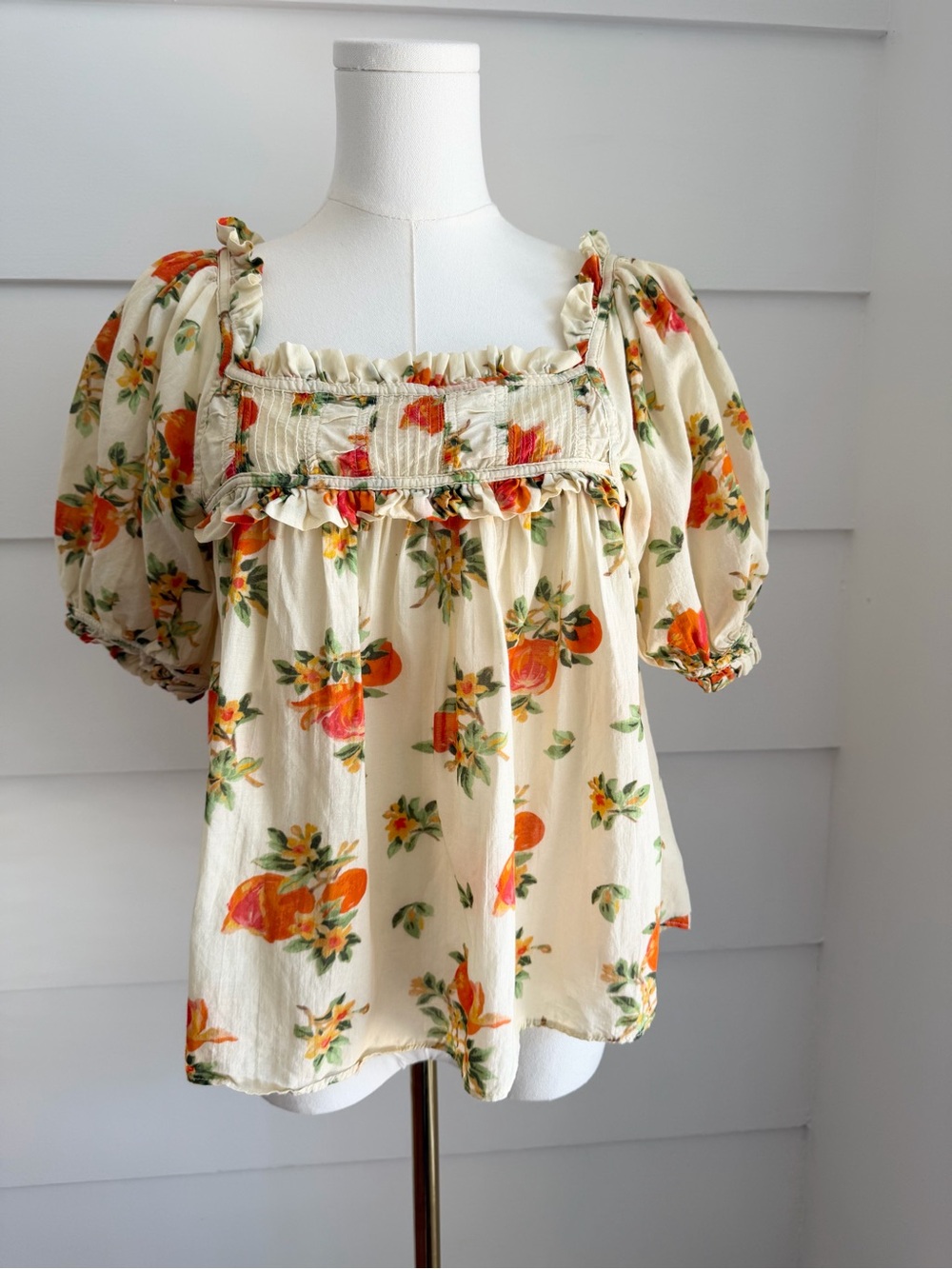 Elie Tahari Orange Floral Smocked Square Neck Puff Sleeve XS
